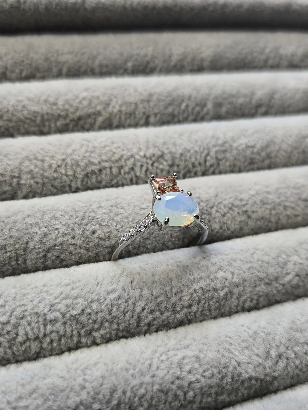 Bomb Party Ring Sz 7 RBP7477 ‘Journey Beyond’ White Opal & Smokey Topaz/Rhodium